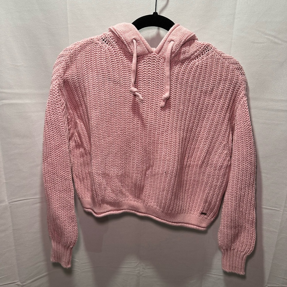 PINK chunky knit hooded pullover cropped sweater size XS